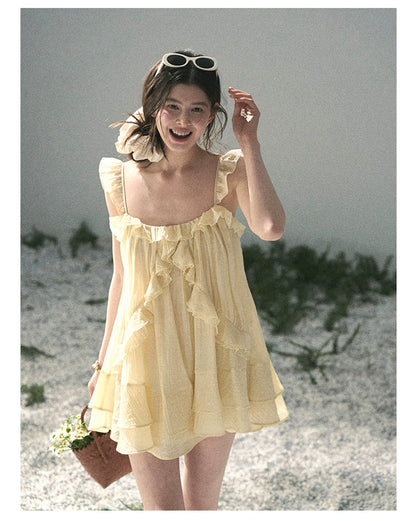 “Tenderly Entwined” Soft Butter Yellow Ruffle Babydoll Dress 4563543