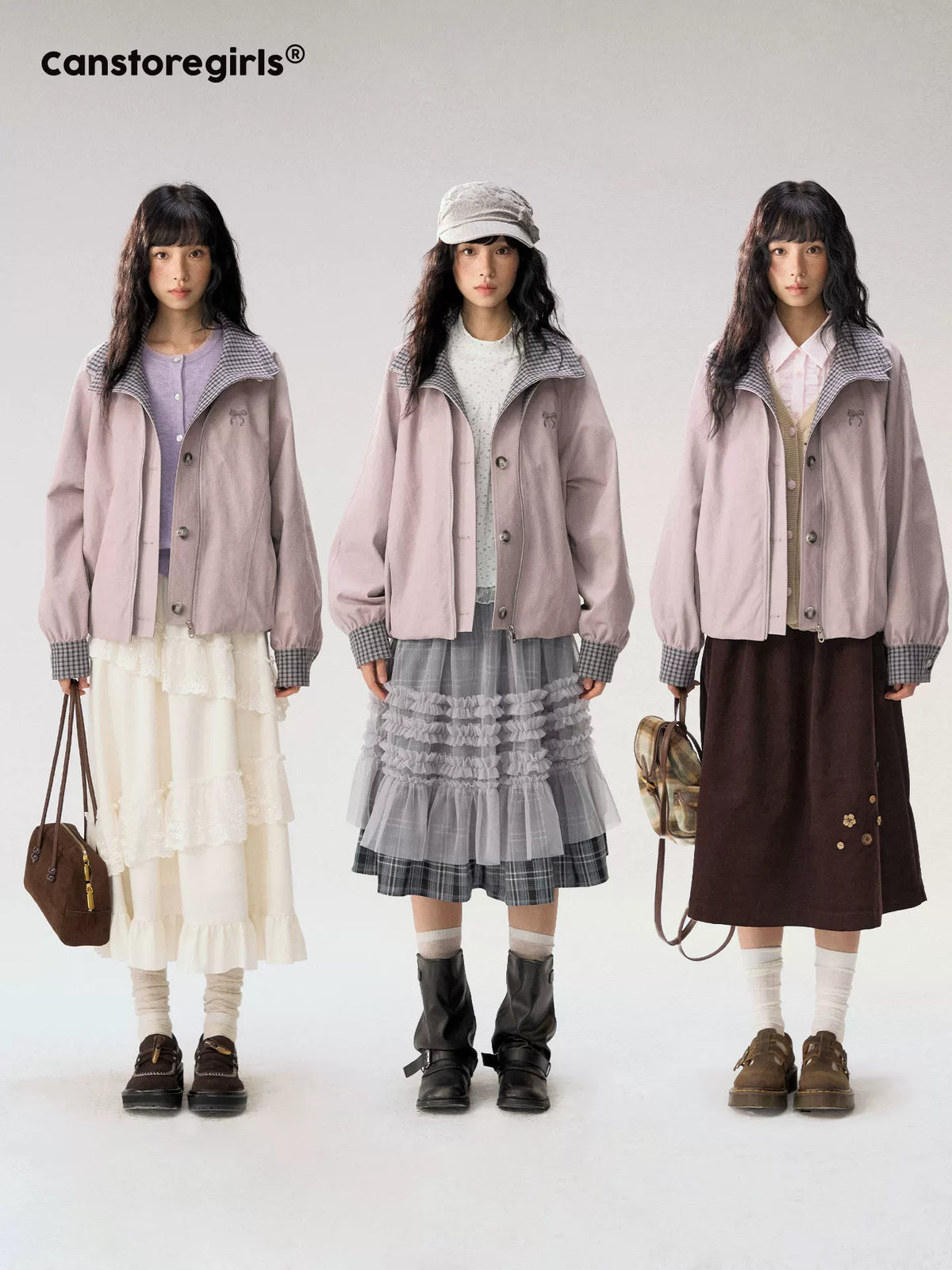 [CAN] "Lavender Plaid Notes" Dusty Purple Plaid Double Collar Cropped Jacket