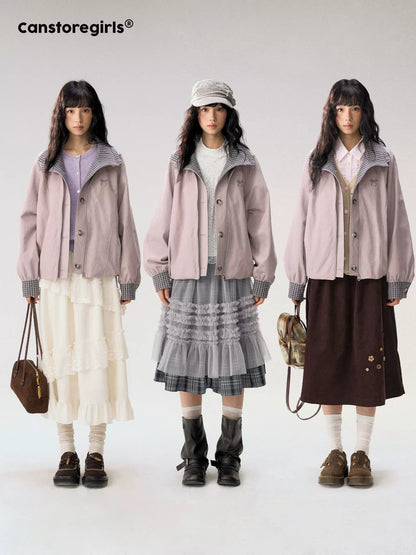 [CAN] "Lavender Plaid Notes" Dusty Purple Plaid Double Collar Cropped Jacket