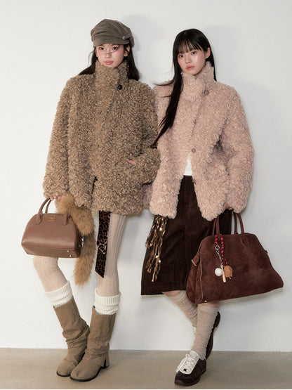 Soote Season - Curly Faux Shearling Stand-Collar Fur Jacket