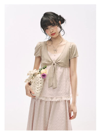 "Sweetheart Pages" Blush Pink Bow Puff Sleeve Top & A-Line Skirt Set