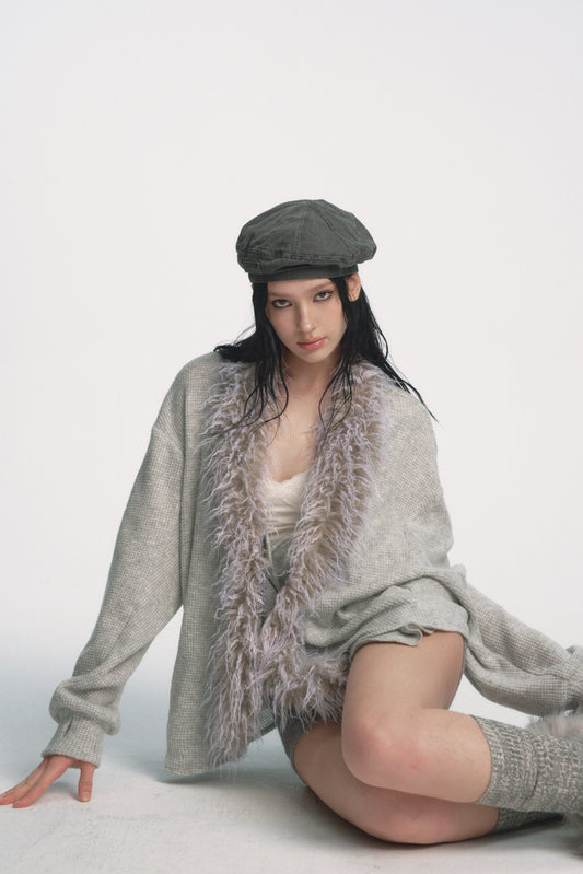 Muirgen - Ice Grey Waffle-Knit Wool Cardigan Jacket with Faux Fur Collar