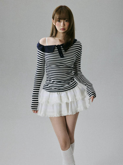 LOST FOREST - Striped Asymmetrical Lyocell-Wool Layering Top