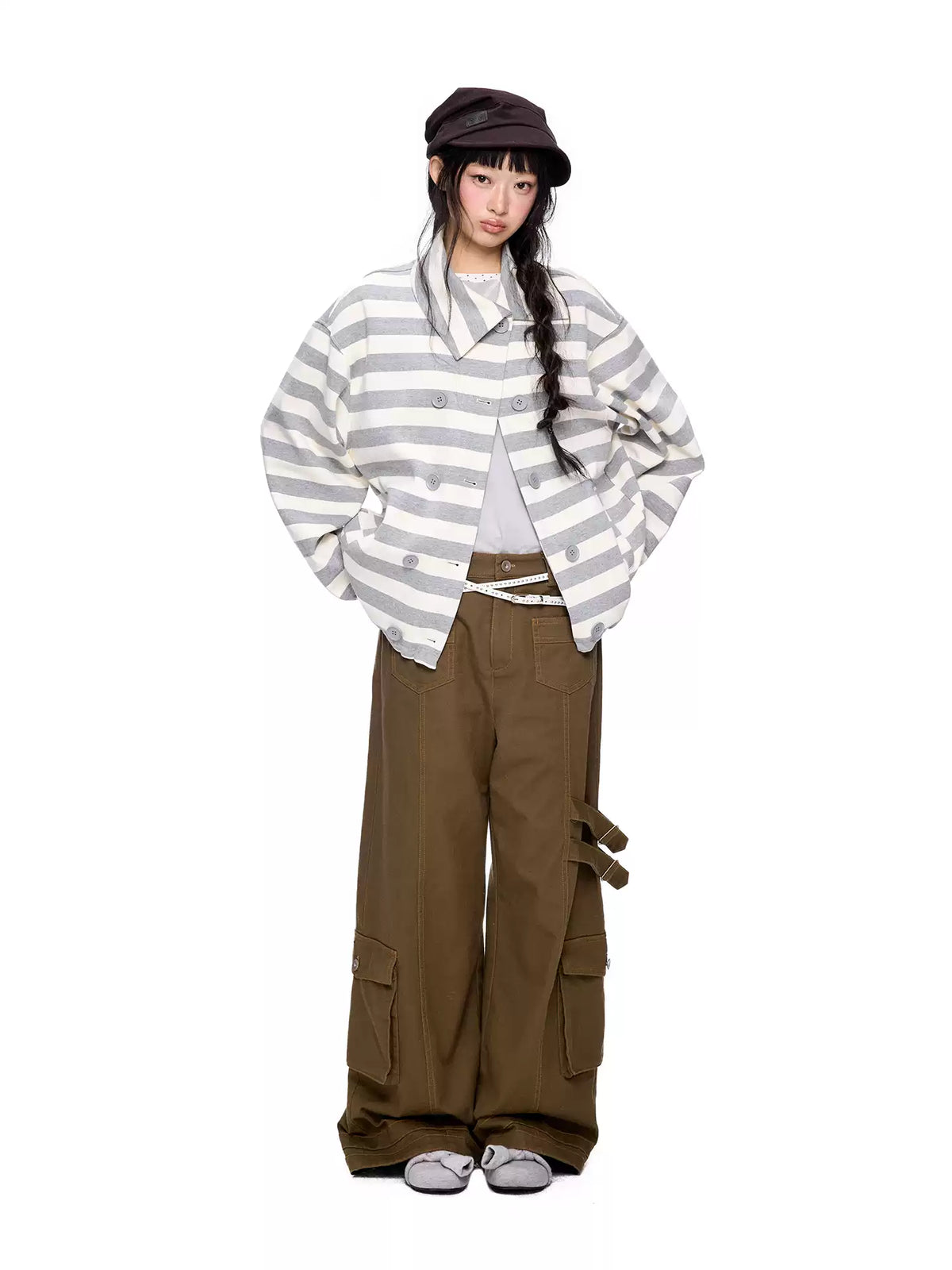 EZEK | Striped Asymmetrical Collar Cardigan Sweatshirt with Double-Breasted Buttons