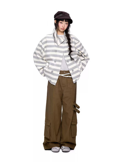 EZEK | Striped Asymmetrical Collar Cardigan Sweatshirt with Double-Breasted Buttons