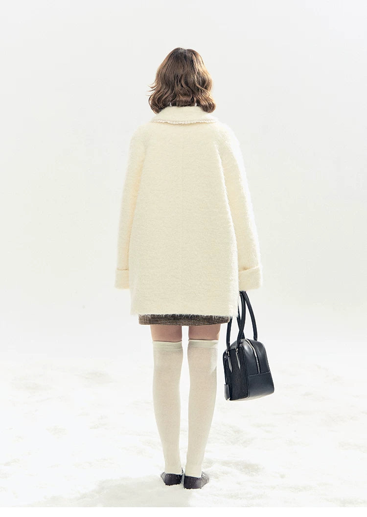 "Snow-Kissed Sakura" Ivory Wool-Blend Quilted Mid-Length Coat with Detachable Plush Flowers