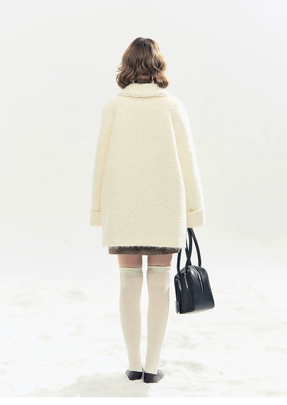 "Snow-Kissed Sakura" Ivory Wool-Blend Quilted Mid-Length Coat with Detachable Plush Flowers
