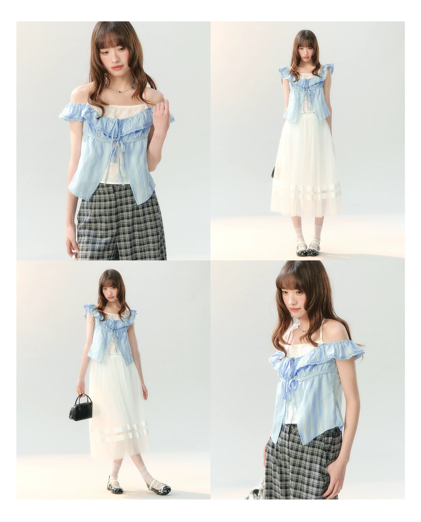 "Blue Mist Academy" Embroidered Off-Shoulder Layered Blouse SH2026204