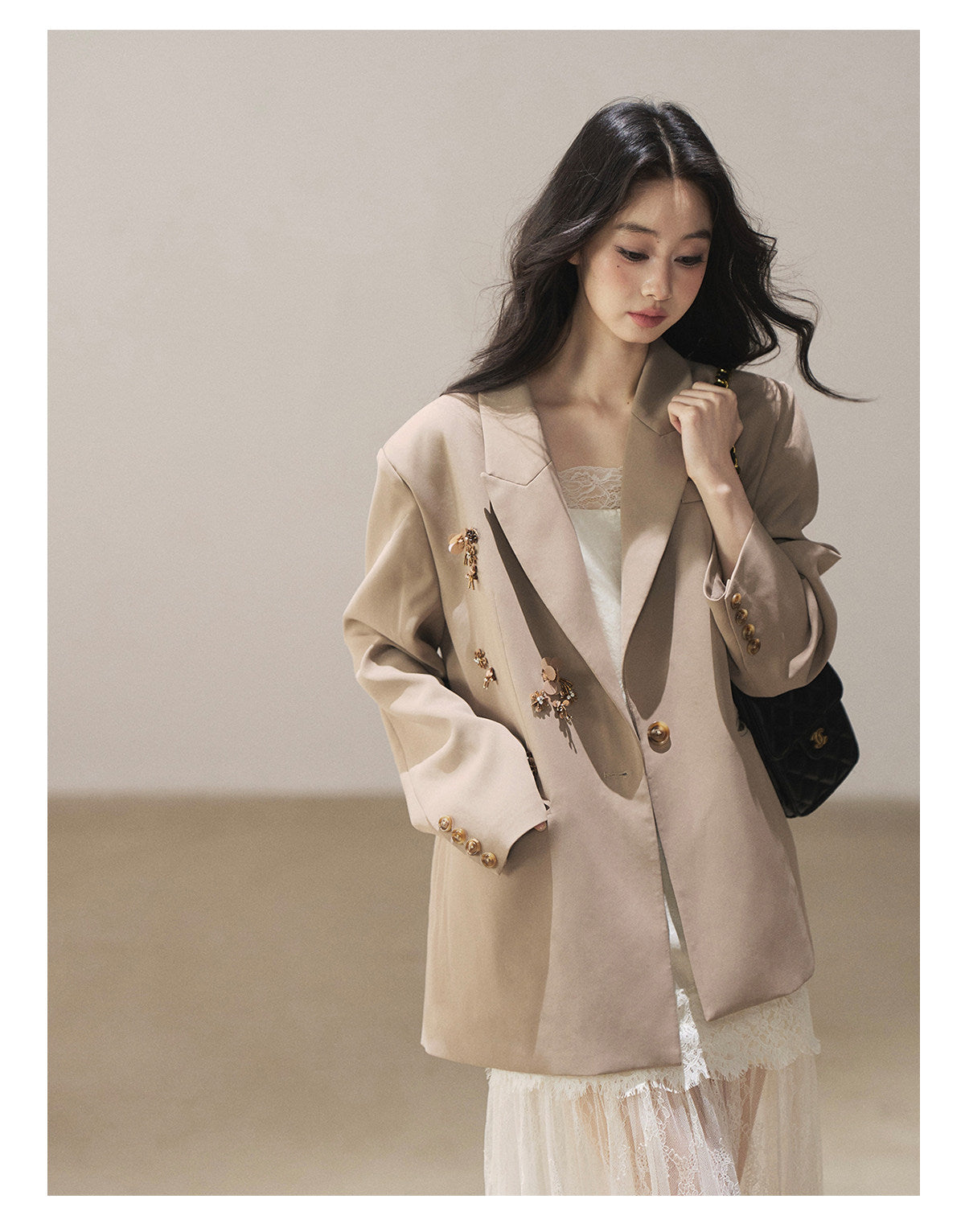 170726 "Your Open Meadow" Cream Apricot White Lace Slip Dress + Gray Taupe Tailored Blazer