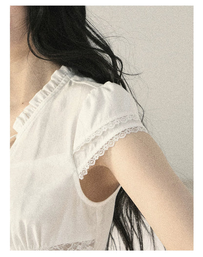 "Lace Between the Lines" Frost White Faux-Layer Cropped Shirt