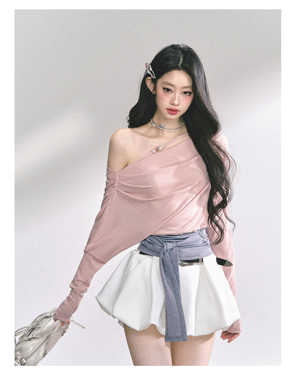 少也眼 "Soft & Sweet" Korean Asymmetric Off-Shoulder Cropped Spicy Girl Tee