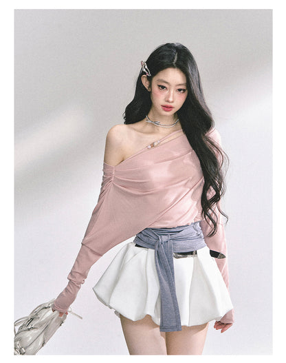 少也眼 "Soft & Sweet" Korean Asymmetric Off-Shoulder Cropped Spicy Girl Tee