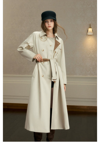 oshea - Moonlight Gray Double-Breasted Belted Long Trench Coat