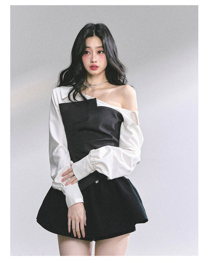 少也眼 "Gossip Senior Muse" Faux-Layered French Asymmetric Shoulder Blouse 56485652