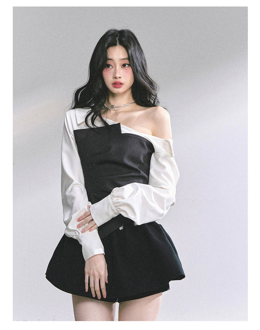 少也眼 "Gossip Senior Muse" Faux-Layered French Asymmetric Shoulder Blouse 56485652