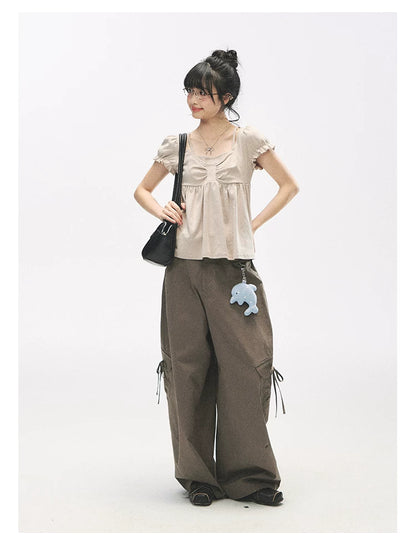 "Street Stroll Girl" Sage Gray Cotton Wide-Leg Cargo Pants