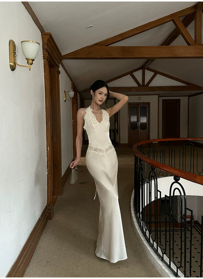 VENUIE - Champagne Satin Lace-Trim Halter Mermaid Maxi Dress