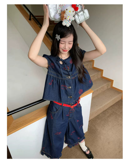 [RF] “Sweet Rebel Denim” Navy Embroidered Ruffle Top & Relaxed Pants Set
