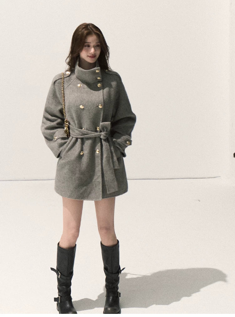OAKMOO/ Pure Wool Belted Double-Faced Stand Collar Coat (Silver Blue / Flint Gray)