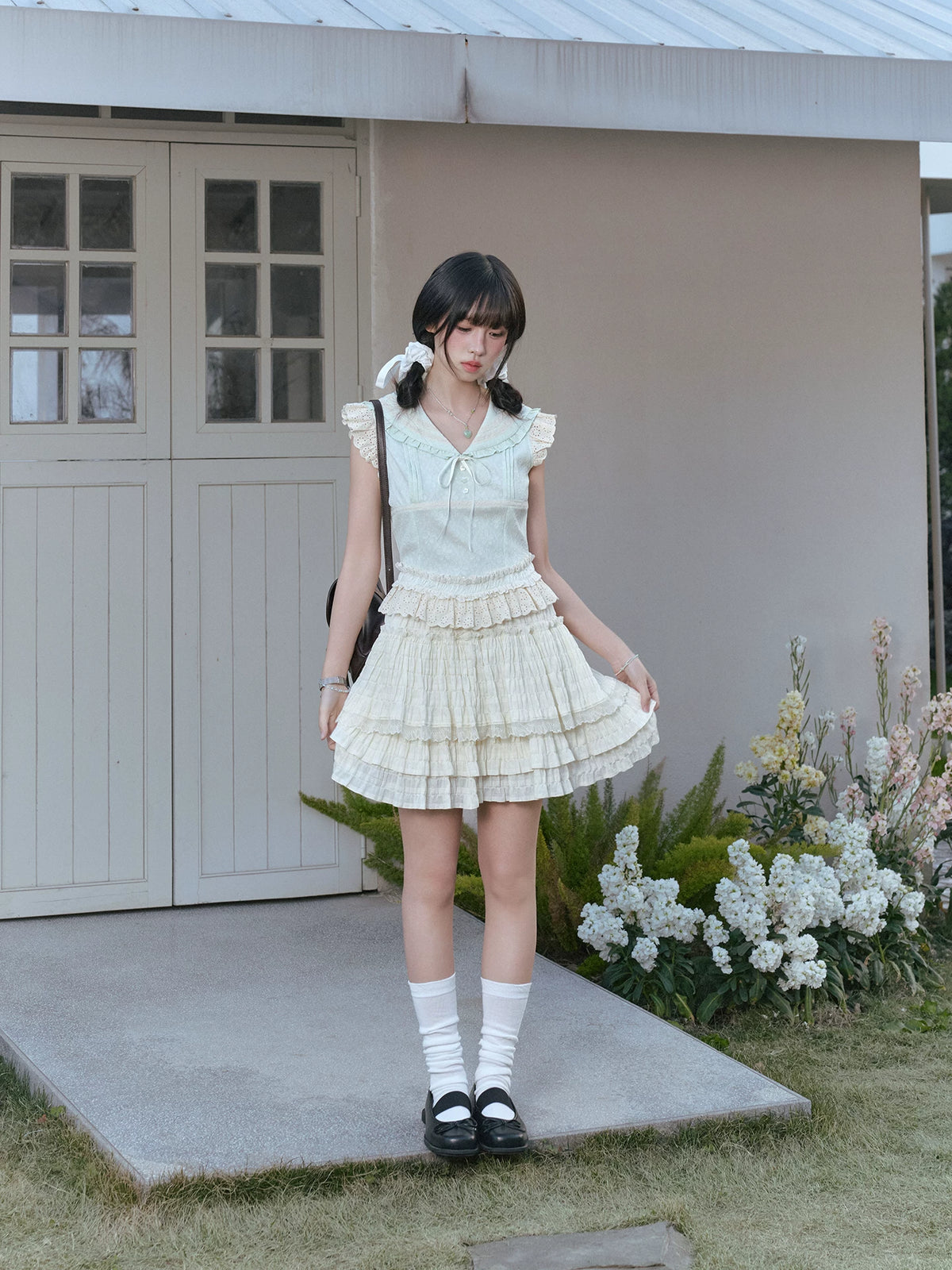 "Blooming Branches" Vintage Forest Collection (Mint Green Sailor Blouse / Oat Beige Tiered Skirt)