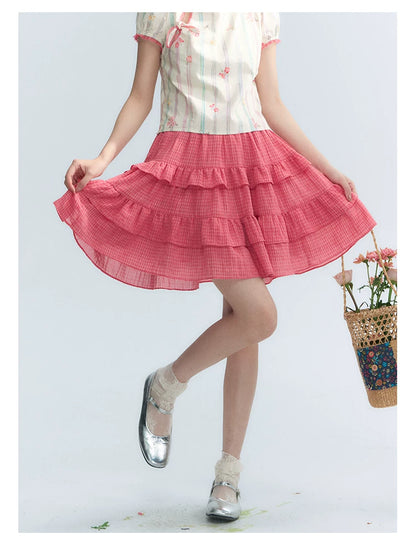 "Peach Blossom" Beige Floral Print Mandarin Collar Blouse
