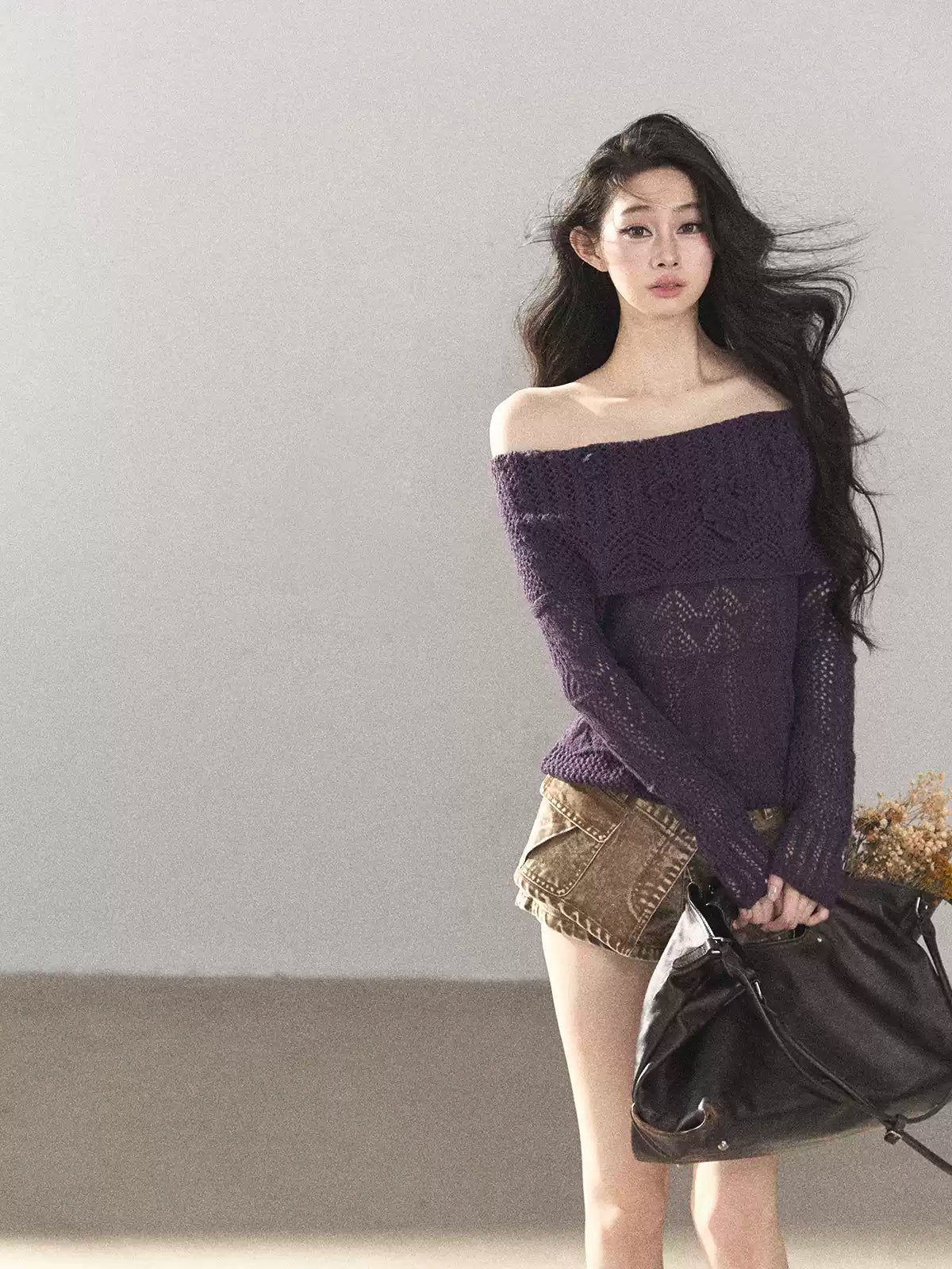 AOMALM - "Wisteria Bloom" Openwork Crochet Sweater – Aubergine