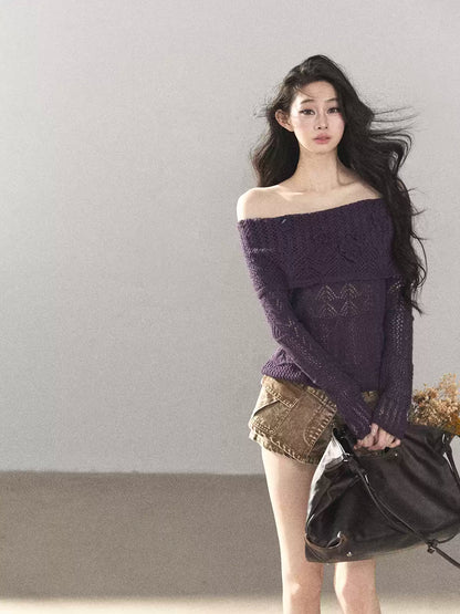 AOMALM - "Wisteria Bloom" Openwork Crochet Sweater – Aubergine