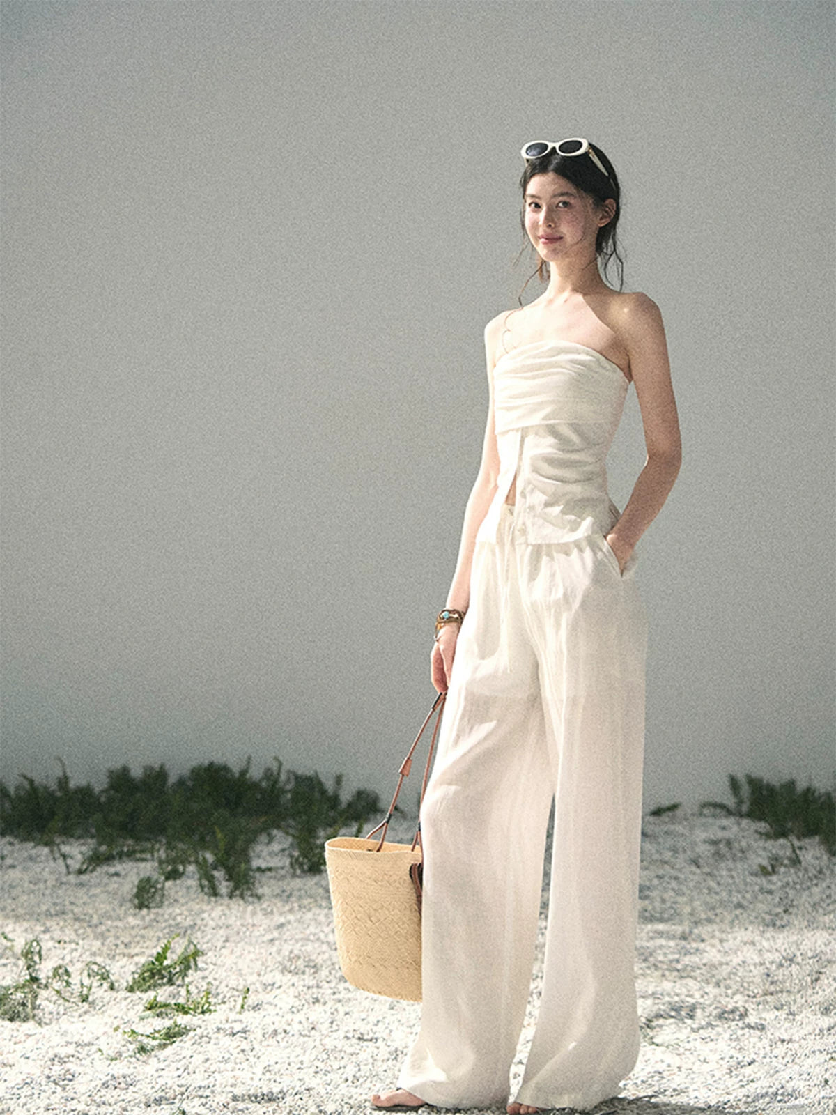 “Breath Across the Shoulders” Natural Beige Layered Bustier Top & Wide-Leg Trousers