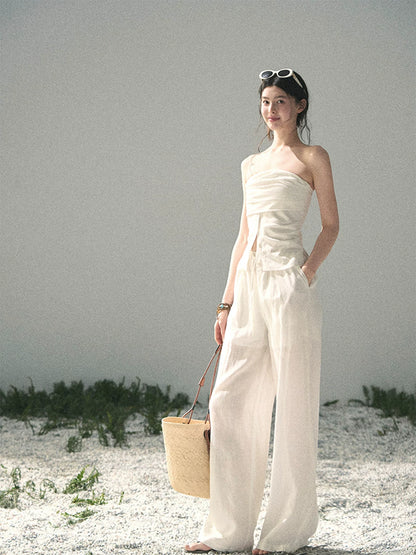 “Breath Across the Shoulders” Natural Beige Layered Bustier Top & Wide-Leg Trousers