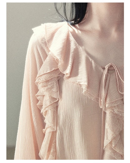AOMALM - "A Featherlight Touch" French Camellia White Lace Chiffon Top with Belt (Camellia / Oatmeal / Cinnamon Pink)