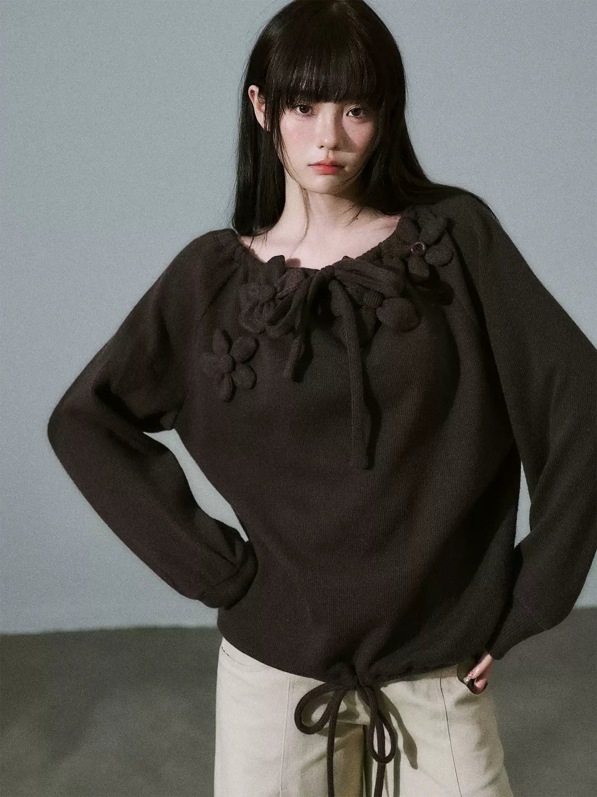 LOST FOREST - Deep Brown Japanese Sweet Girl Handmade Floral Knit-Texture Sweatshirt