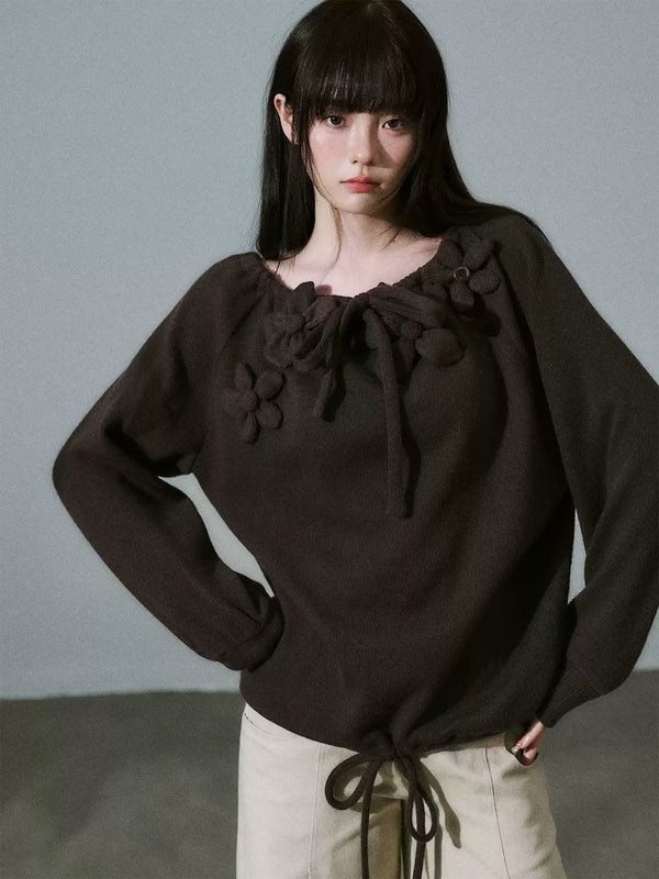 LOST FOREST - Deep Brown Japanese Sweet Girl Handmade Floral Knit-Texture Sweatshirt
