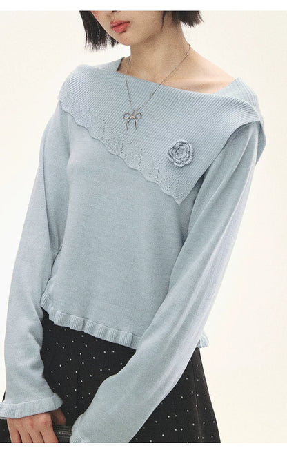 "Sea Salt Bloom" Sea Salt Blue Off-Shoulder Ruffle Knit Sweater