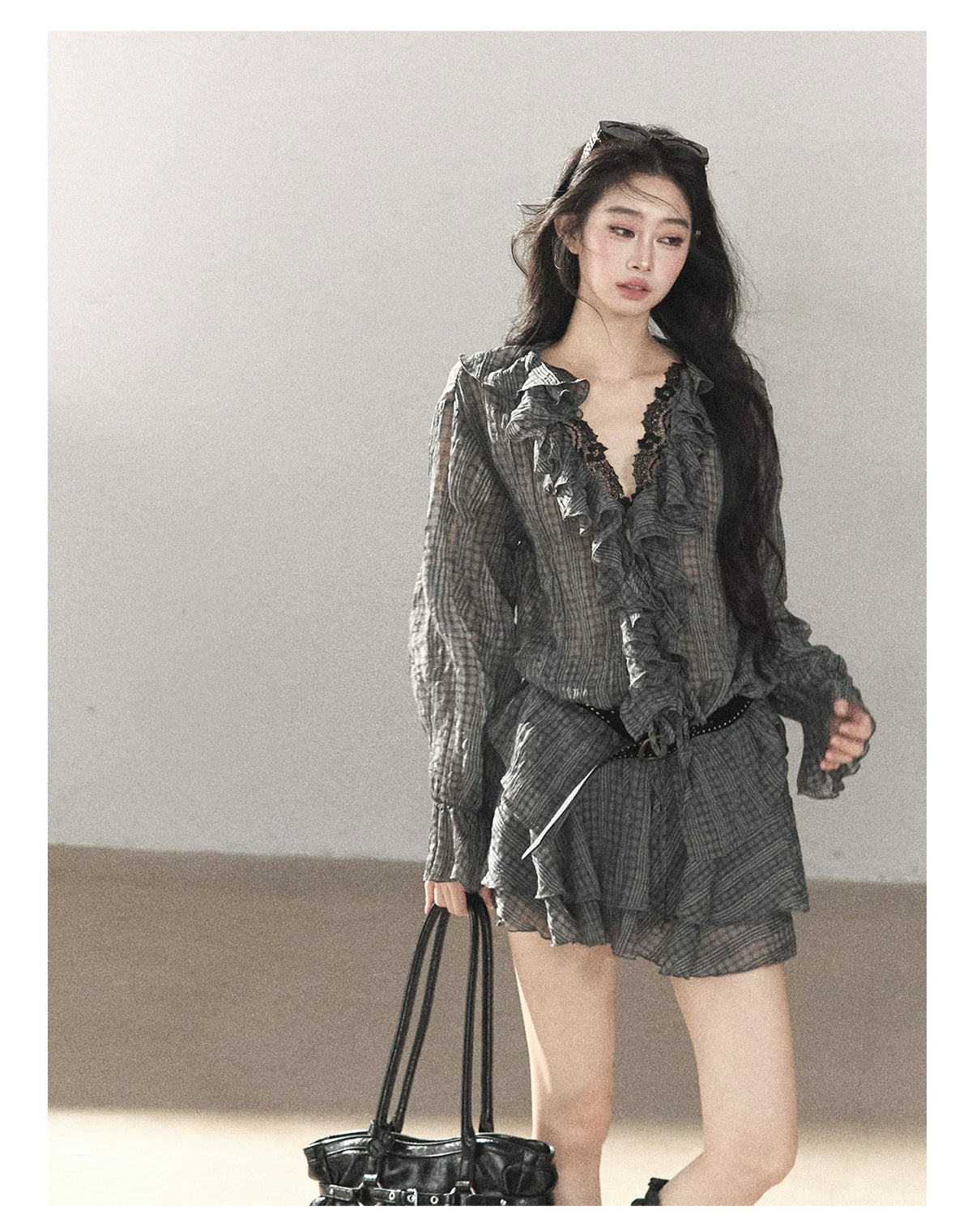 AOMALM - "Gray Check & Wild Wind" Ruffle Top & Mini Skirt Set (With Belt)