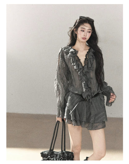 AOMALM - "Gray Check & Wild Wind" Ruffle Top & Mini Skirt Set (With Belt)