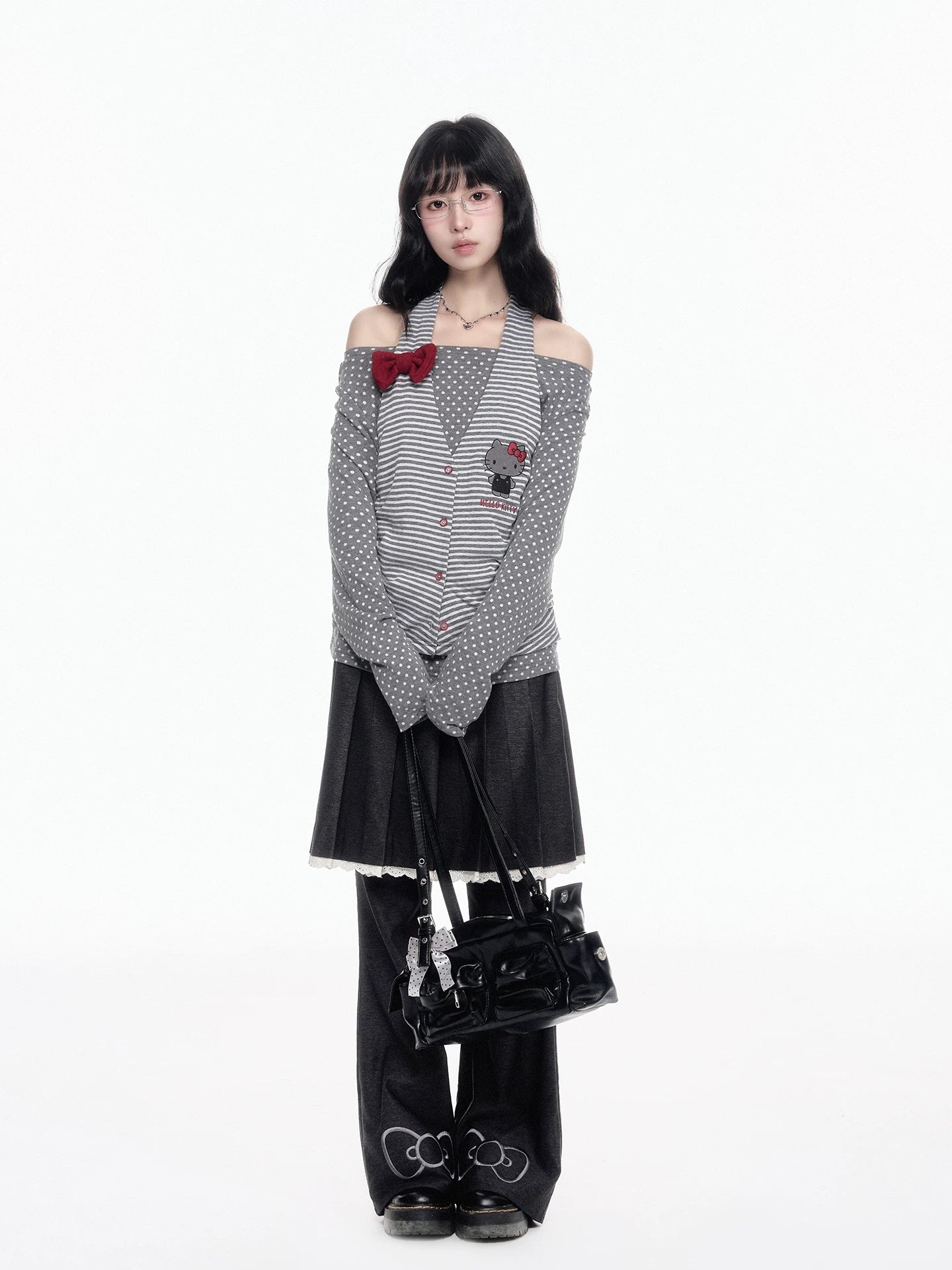 170726K "Midnight Polka" Gray Layered Long Sleeve Collection (Cold Shoulder Top / Fake Two-Piece Skirt Pants)