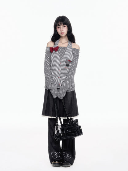 170726K "Midnight Polka" Gray Layered Long Sleeve Collection (Cold Shoulder Top / Fake Two-Piece Skirt Pants)