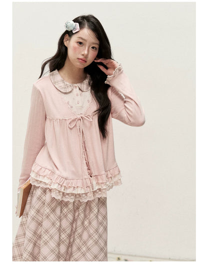 [RF] Vintage-Inspired Gingham Check Two-Piece Set with V-Neck Top and Pleated Skirt