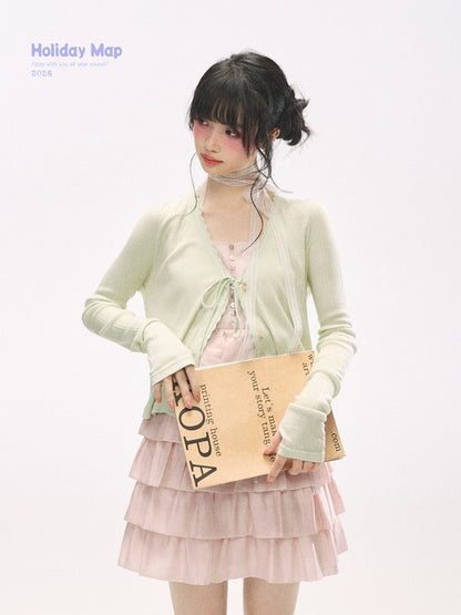 "Comfort Corner" Tie-Front Knit Cardigan (Melon Green/ Peacock Blue)