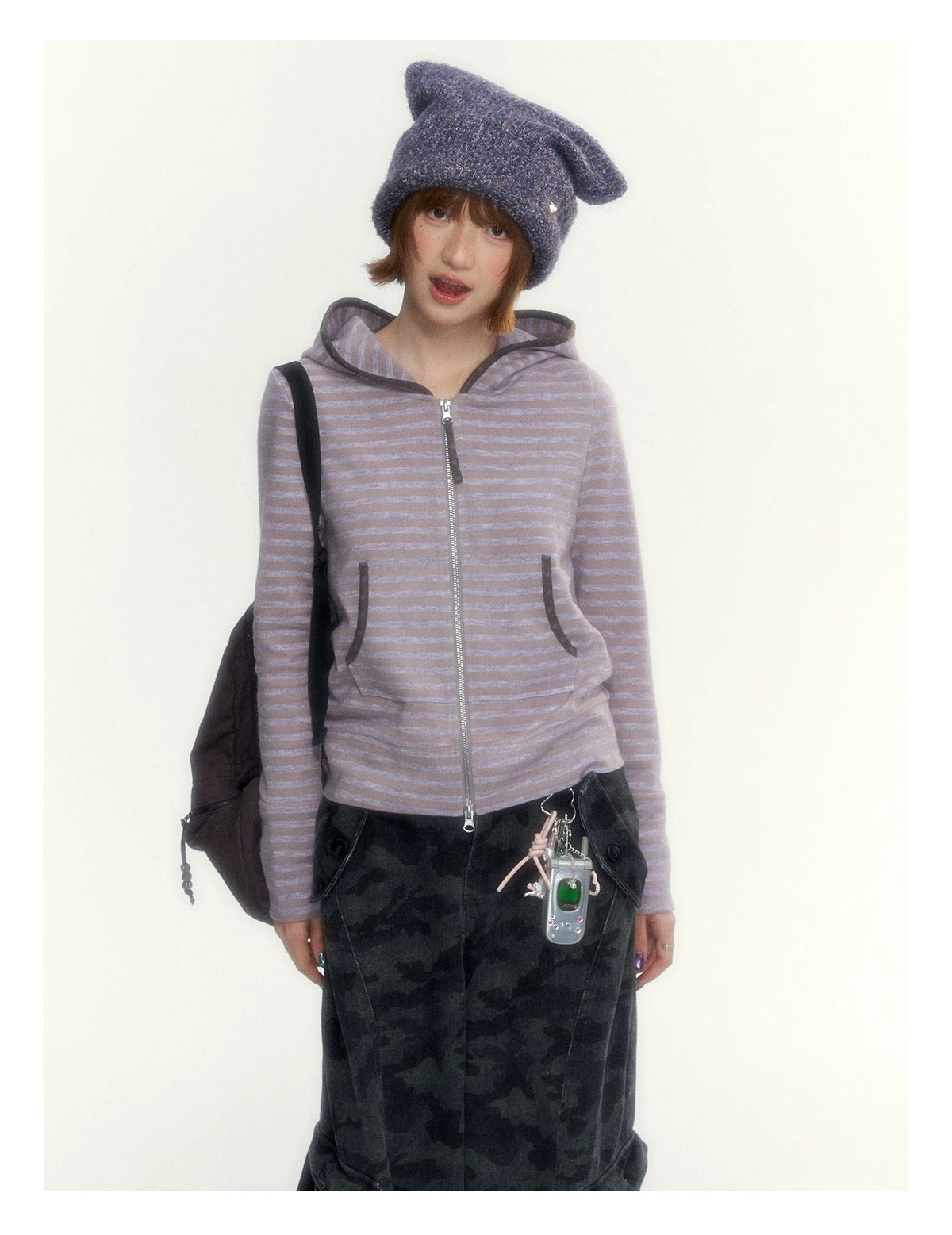 Dusty Purple Stripe Hooded Knit Cardigan