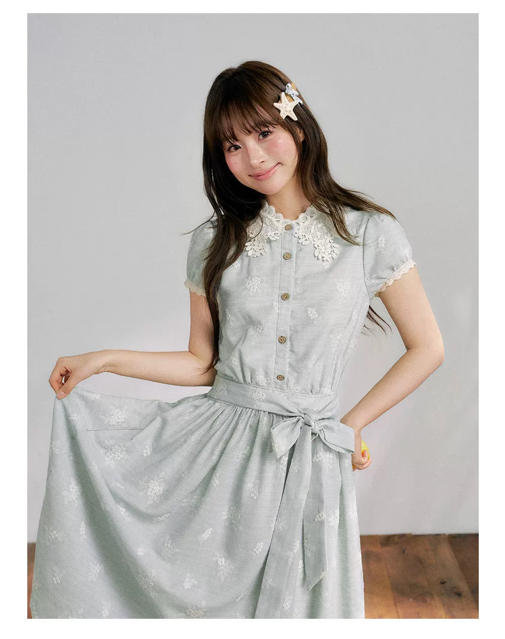 “Sage Meadow Reverie” Sage Green Embroidered Shirt Dress