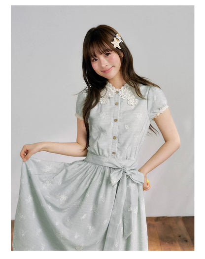 “Sage Meadow Reverie” Sage Green Embroidered Shirt Dress