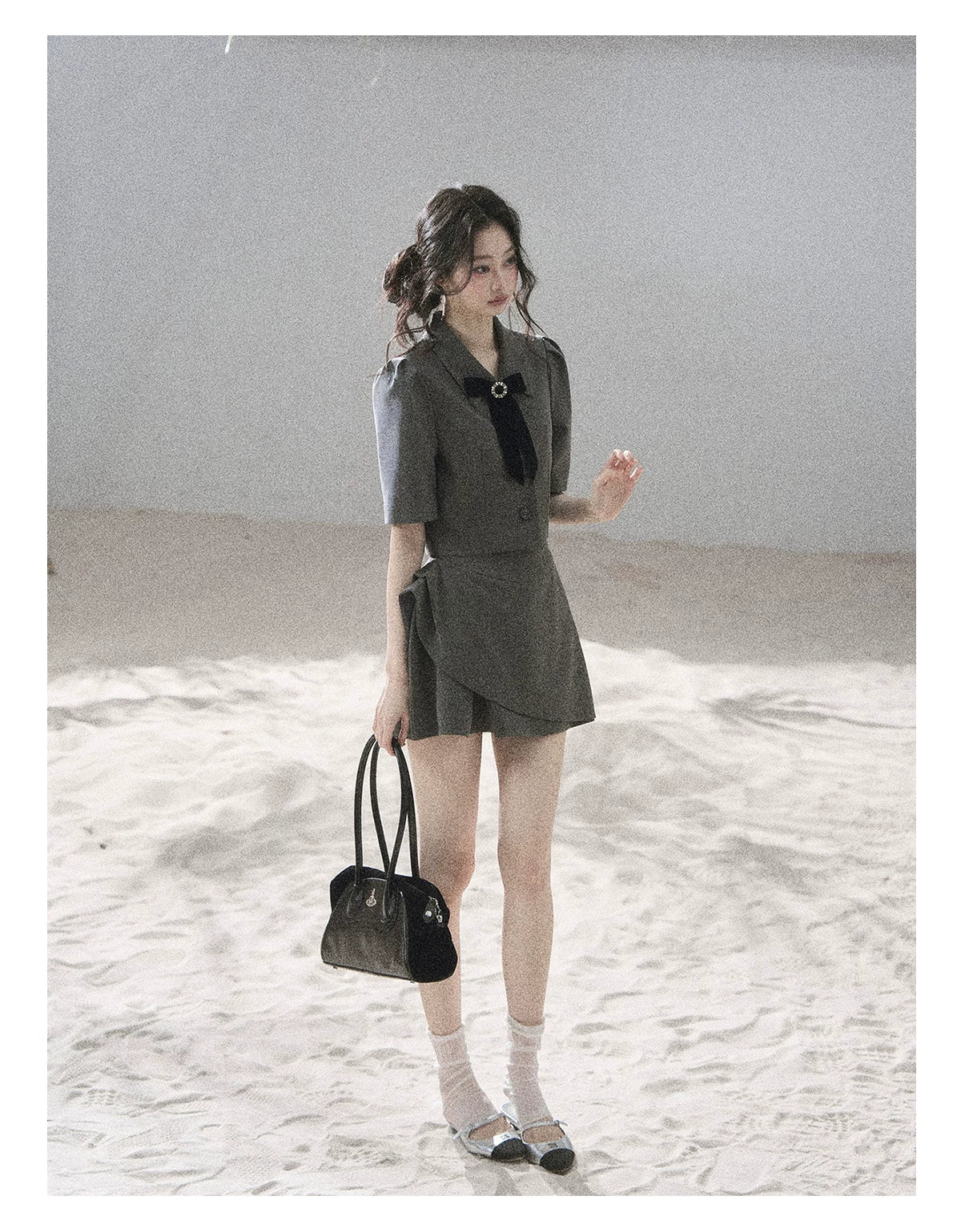 "Paris Afternoon" Slate Gray Bow Top & A-Line Mini Skirt Two-Piece Set