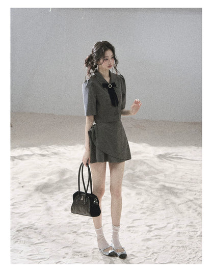 "Paris Afternoon" Slate Gray Bow Top & A-Line Mini Skirt Two-Piece Set