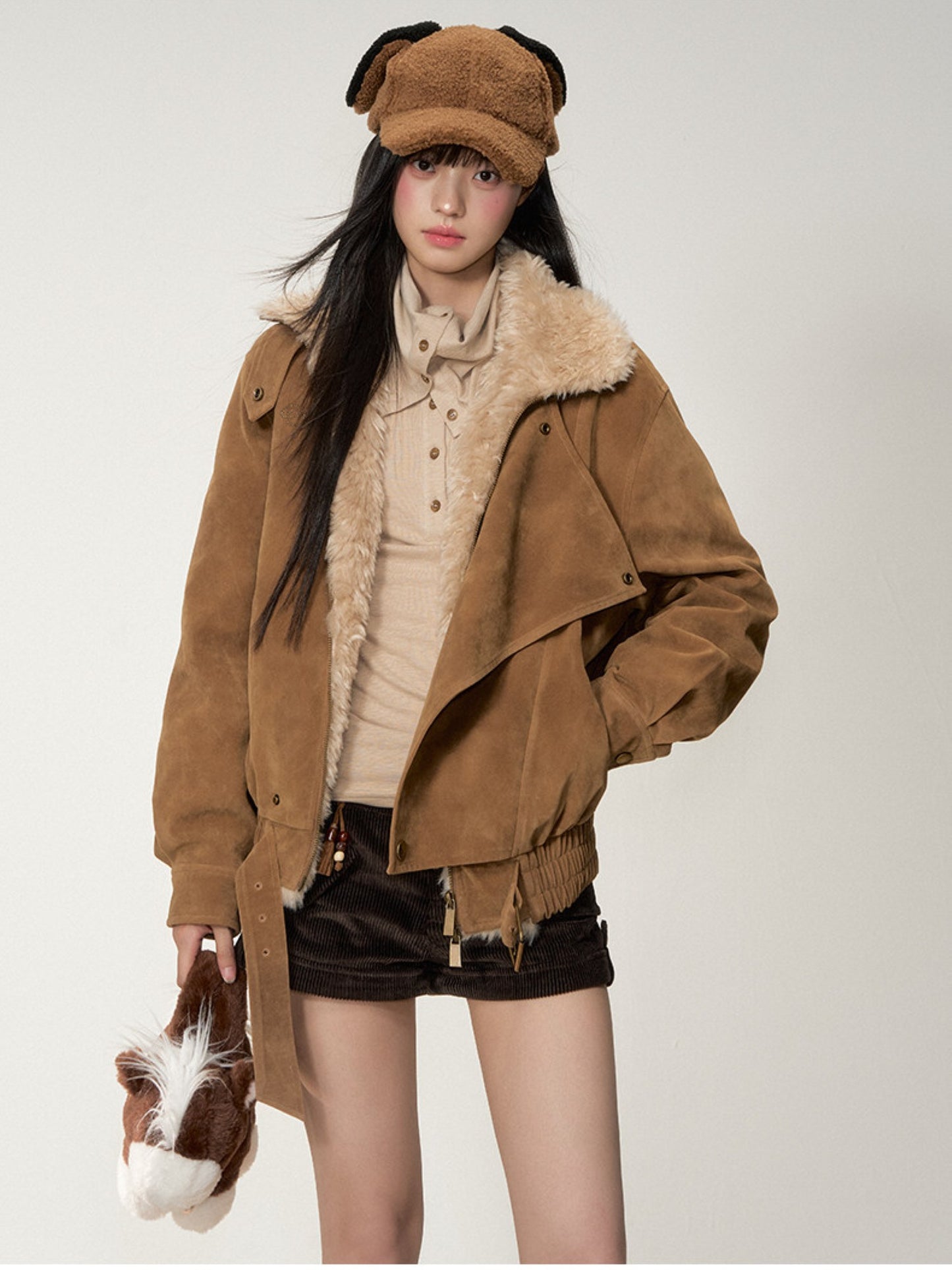 Soote Season - “Melard Mood” Retro Faux Suede Shearling-Trim Biker Jacket - Almond Brown