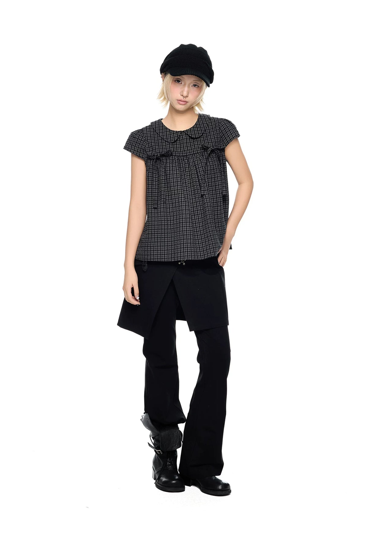 EZEK | Peter Pan Collar Gingham Shirt with Bubble Sleeves