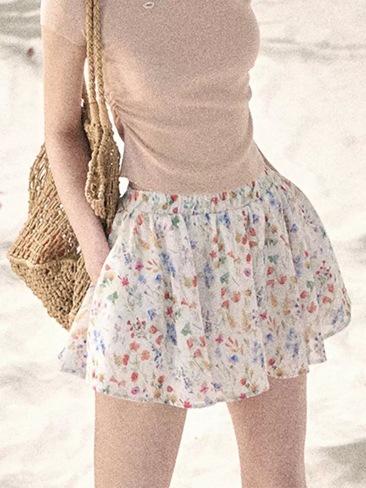 "Blooming Floral Reverie" Cream Ivory Floral A-Line Mini Skirt