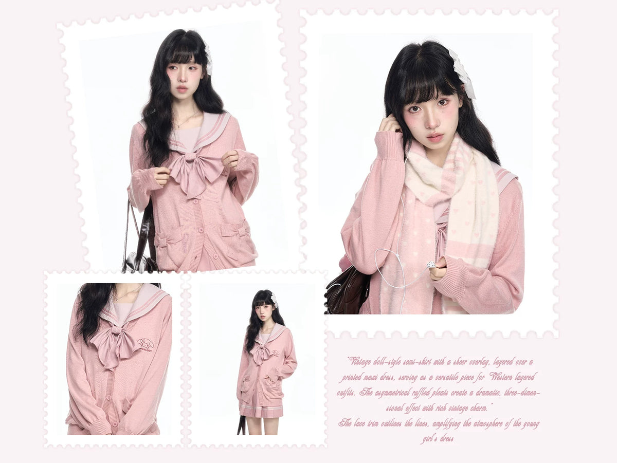 “Melody Blush” Pink Knit Cardigan & Sailor Uniform Set