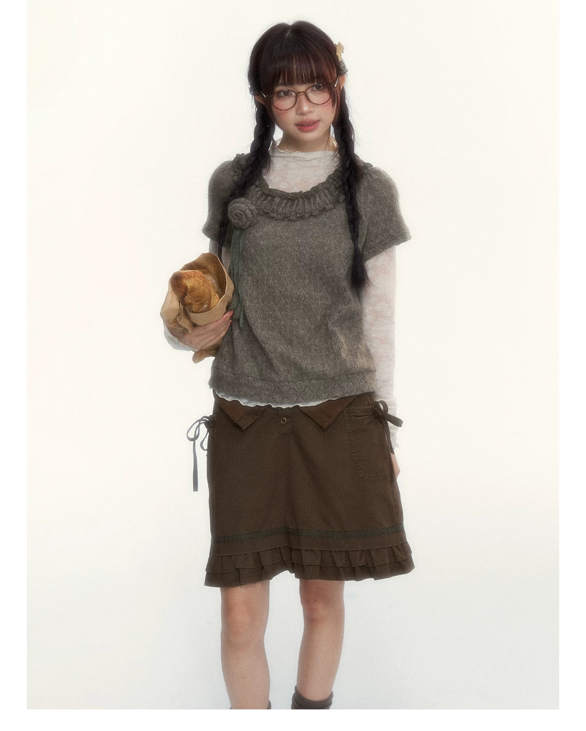 “Hazelnut Mousse” Tea Brown Vintage 3D Floral Ruffle Knit Top