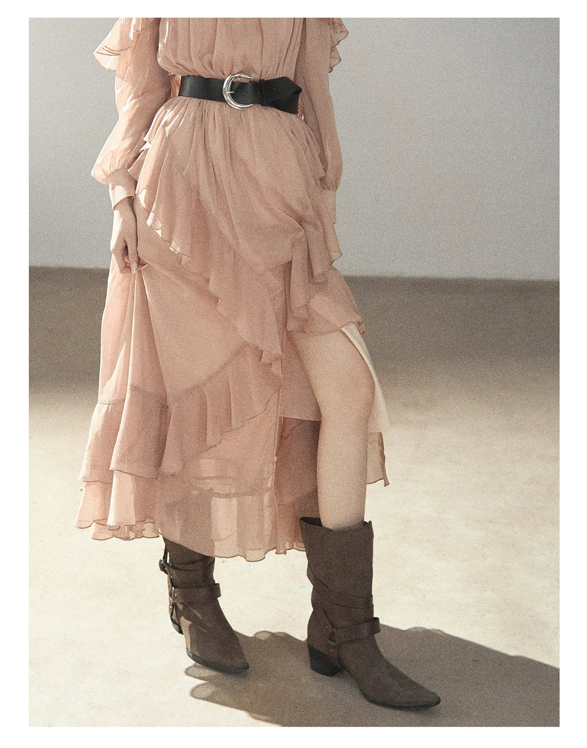 AOMALM - "Waiting for Sunset" Soft Pink French Ruffle Maxi Dress with Belt